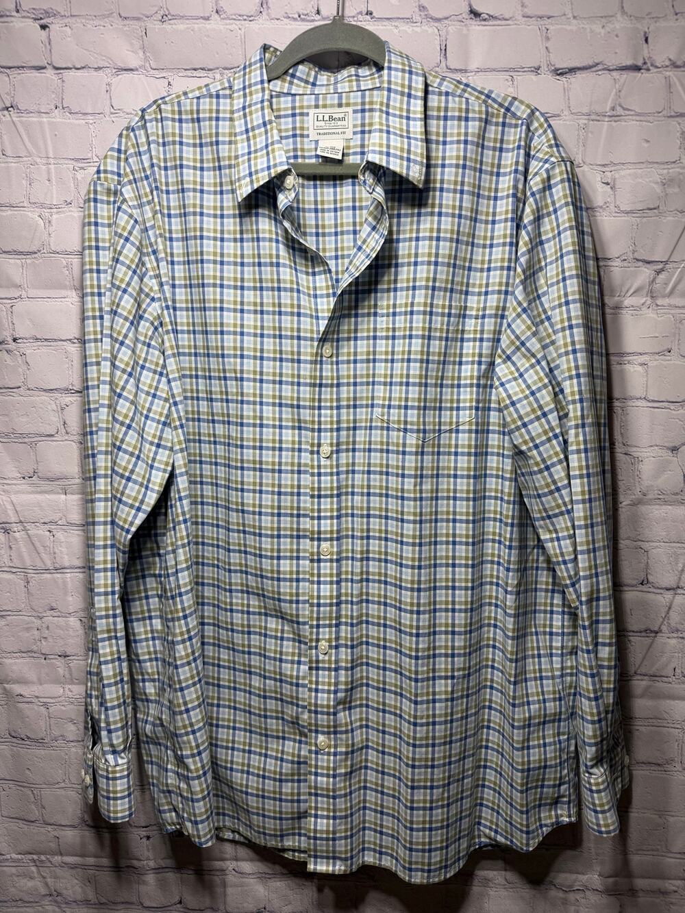 L.L.Bean Traditional Fit Plaid Button Down Blue Green Sz XL Casual